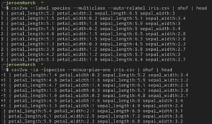 A screenshot of csv2vw applied to the Iris dataset