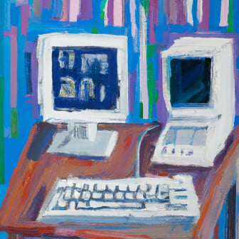 An expressive oil painting of a desk with a couple of keyboards and a monitor showing the unix terminal.