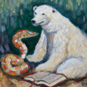 An impressionist oil painting of a polar bear and a python reading a book. Any similarity to the authors is entirely coincidental.